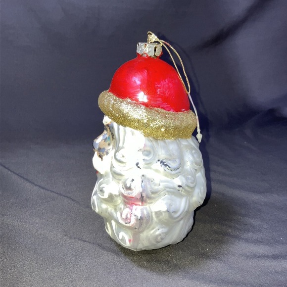 1 - Vintage Santa Head Ornament / Hand Blown Glass / Mercury / Glitter / Flaws - Picture 3 of 13